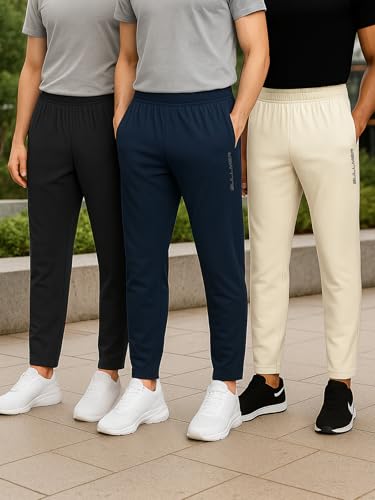 Image of BULLMER Trendy Solid Cotton Blend Regular Fit Trackpant for Men | Mid-Rise Trackpant for Men - Pack of 3