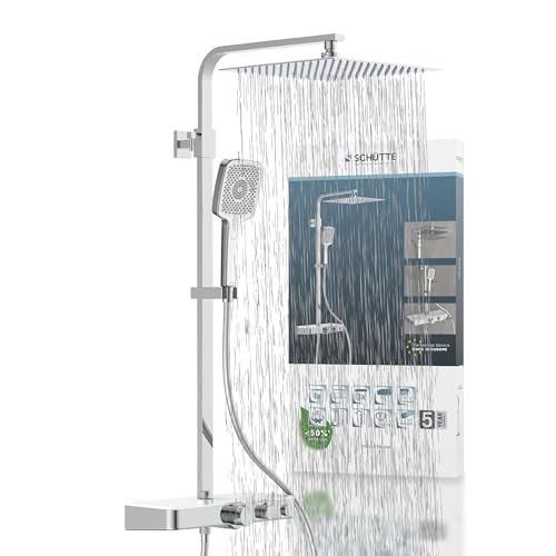 Schütte Ocean Système Thermostat et étagère en Verre – Set 30 x 30 cm, Effet Pluie avec Support Mural et pommeau Panneau Colonne de Douche en Chrome/Blanc 60530