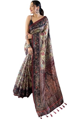 SGF11 Women's Kalamkari Cotton Linen Silk Saree With Blouse Piece product image 5
