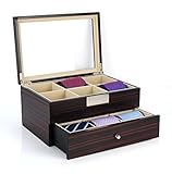 Tie Display Case for 12 Ties Ebony Walnut Two Level Storage Box with Drawer