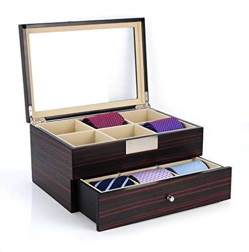 TIMELYBUYS Tie Display Case for 12 Ties Ebony Walnut Two Level Storage Box with Drawer