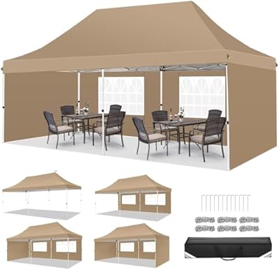 TOOLUCK Canopy 10x20 Pop Up Canopy Tent with 4 Sidewalls, Waterproof Commercial Canopy Ez up Outdoor Instant Gazebo UV Protection 50+ Event Shelter, Party Tent for Parties Garden Camping, Khaki