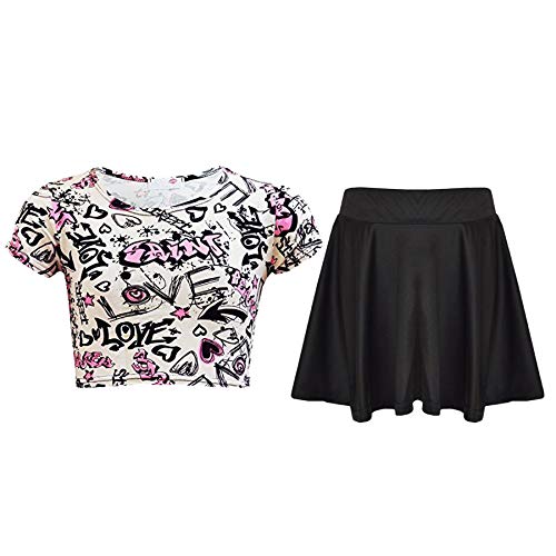 A2Z 4 Kids Girls T-Shirt and Skater Skirt Set Short Sleeve Top and Flared - Love Graffiti Top & Skirt Set 7-8