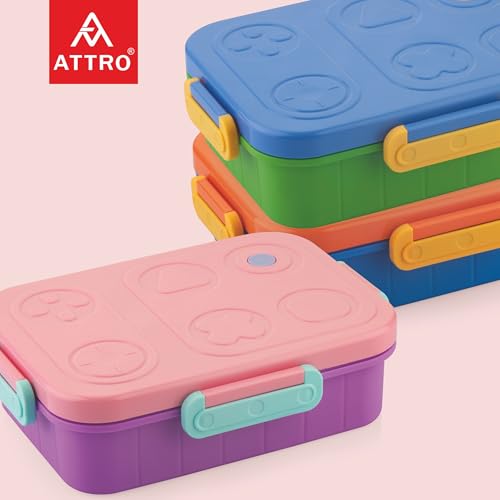 Image of ATTRO TicTac Plastic Lunch Box - 3 Compartment Bento Tiffin, Leak-Proof & Durable, Ideal for Kids, School, Picnic- 1200ml+80ml, Pink Purple