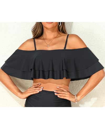 Women Ruffle Bikini Top Double Layer Flounce Swimsuit Off Shoulder Bathing Suit top Only3