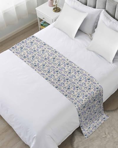 Twin Bed Runner Blue Starfish Shell on Linen Bedding Runner Scarves Decorative Bed Scarf, Summer Ocean Coral Soft Bed Runners for Bedroom Hotel Wedding 71x20IN