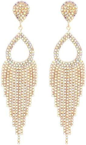 BaubleStar Rhinestone Teardrop with Long Tassel Earrings Cubic Zirconia Crystal Fringe Statement Chandelier Tear Drop Dangle Wedding Jewelry for Women 14K Gold Plated