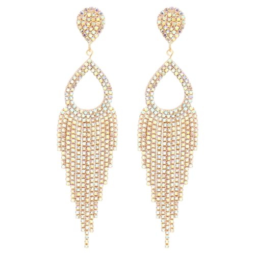 Rhinestone Teardrop with Long Tassel Earrings Sparkly Dangle Earrings for Women - Main Image