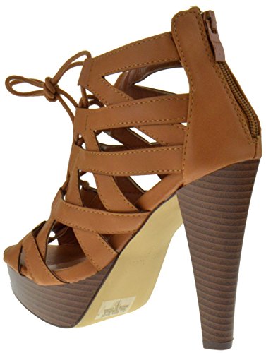 TOP Moda Table 8 Peep Toe High Heel Lace Up Strappy Pumps Tan 7