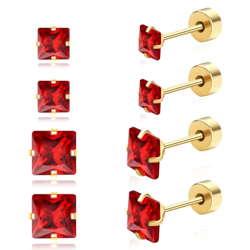 TZPI 2 Pairs Flat Back Earrings for Women | Red Earrings for Women | Nap Earrings | 18K Gold Stud Earrings | Flat Back Stud Earrings | Stud Earrings for Women (3mm+5mm)