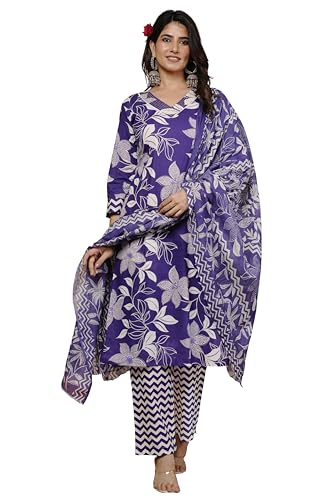 Image of MIRCHI FASHION Women's Straight Fit Pure Cotton Sequins Thread Work Leaf Printed Kurta Set with Dupatta and Trouser