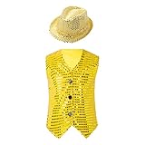TiaoBug Enfant Garçon Fille Déguisement de Danse Noël Costume Jazz Hip-hop Street Dance Jacket Gilet Veste Paillettes Brillant Chapeau Tenue de Fête Soirée Performance Jaune 17-18 Ans