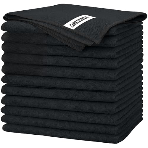 FIXSMITH Black Microfiber Cleaning Cloth -Pack of 12, Highly Absorbent Cleaning Rags, 16"X12" All Purpose Cleaning Towels for Housekeeping, Kitchen, Car, Lint Free and Reusable Microfiber Towels