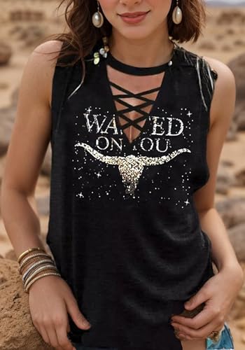 Wasted On You Steer Skull Criss-Cross Hollow Out Tank Tops Women Western Cowboy Rodeo Shirt Tops Country Music Tank Tops3