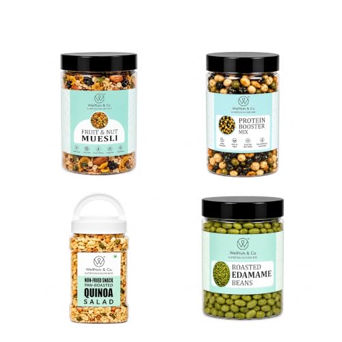 Image of WellNuts & Co. Healthy Snack Combo Pack of 4 |Fruit Nut Meusli - 200g, Protein Booster - 200g, Quinoa Salad - 325g, Roasted Edamame Beans - 200g| Roasted & Ready to Eat Snacks | High Protein & High Fiber Combo | Snacks for Healthy Everyday