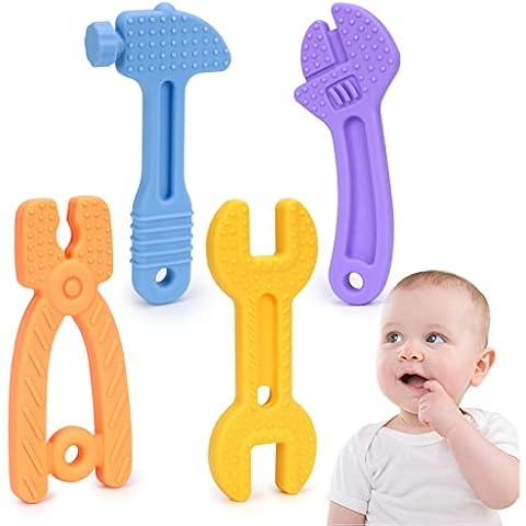 Fullove Teething Toys for Baby (4 Pack), Baby Teething Toys for 0-6 Months, Sensory Chew Toys BPA Free, Hammer Wrench Spanner Pliers Shape Silicone Teethers for Babies - Soothe Babies Sore Gums Cover