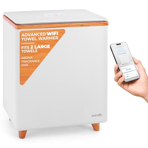 SereneLife WIFI Luxury Rectangle Towel Warmer - Spa & Bathroom Heater with Custom Fragrance, Auto Shut-Off, Fits 2 large Towels, Blankets, Bathrobes, PJ's - Perfect Gift for Him & Her (Natural)