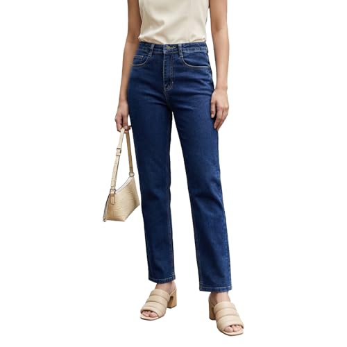 Image of Urbano Fashion Women's High Rise Straight Fit Washed Jeans Non-Stretchable