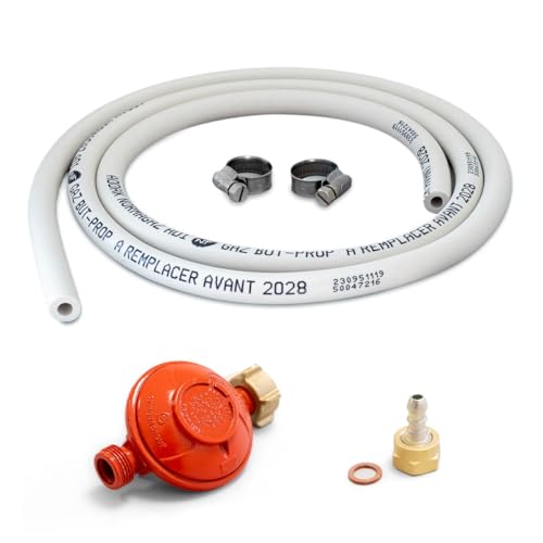 Kit connexion gaz complet pour Appareils à gaz (Détendeur PROPANE 37 mbar + tuyau souple 1.50m + embout tétine)