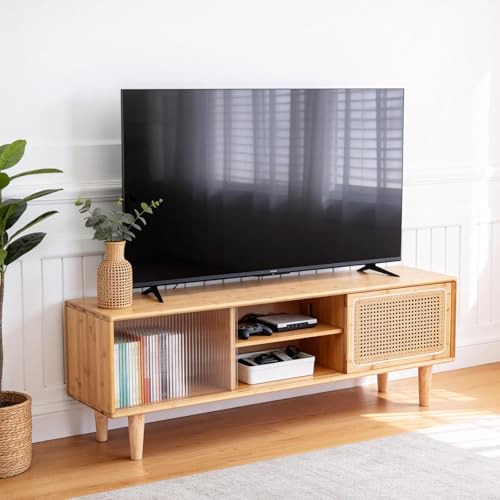 Image of Tiita Rattan TV Stand for 55 Inch TV, Bamboo TV Cabinet with Adjustable Shelf and Storage, Boho Entertainment Center, Mid Century Modern Media Console for Bedroom, Living Room, Study (Natural)