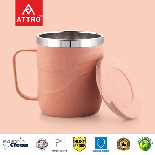 Image of ATTRO Brew Mug - Stainless Steel Inner with eco Friendly Outer Body Durable & Stylish, Microwave Safe Coffee /Tea Mug with Handle & Lid, Ideal for Home, Office, Travel & Gifting - 300ml - Pastel Peach