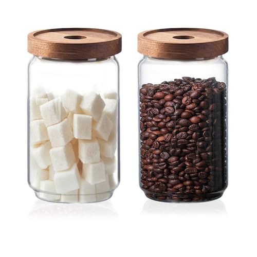 Glass Jars with Airtight Wood Lids - 25 OZ / 750 ML Kitchen Pantry Storage Containers, Decorative Canister for Chia Seed, Coffee Bean, Sugar, Spice, Cereal, Oats, Cookie, Candy, Tea, Nuts, Set of 2