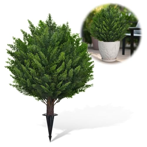 Artificial Cedar Topiary Ball Tree with Ground Spike,15.7 inch Faux Cypress Plant Artificial Bushes for Indoor Outdoor Room Porch Garden Backyard Decor (1PCS)