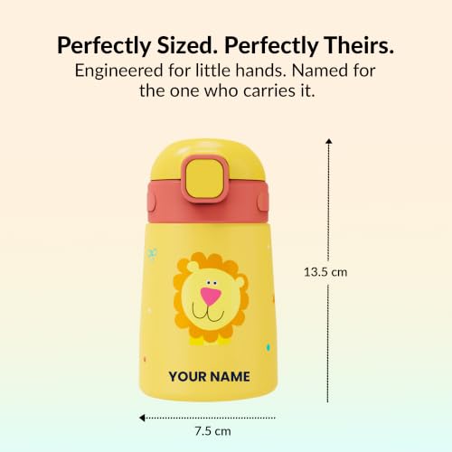 Image of rabitat Milo Personalized Stainless Steel Water Bottle 350ml | 2 Year Brand Warranty | BPA Free | Leakproof Steel Sipper Bottle for Kids | Flip Lock Lid with Straw | Easy Carry Handle Sunny Roar
