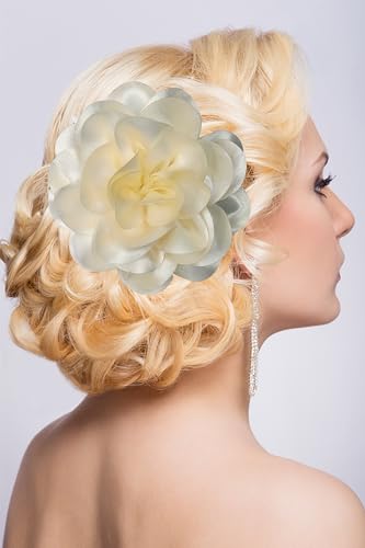 Image of Dainty Fabric Rose & Camellia Flower Oversized Brooch Pins & Hair Clip - Large Lapel Pin, 4.3in /7.5in