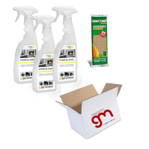 Fireglass, detergente pulitore immediato ed efficace per vetroceramica, forni, barbecue, vetri di stufe e termocamini, muri e mattoncini in Kit con Diavolina (Fireglass 3pz + Diavolina 24)