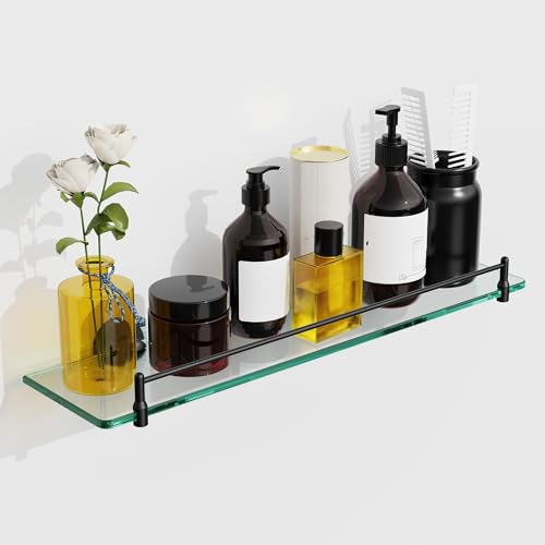 KOCOK 20 Inches Glass Shelves for Bathroom, Matte Black Floating