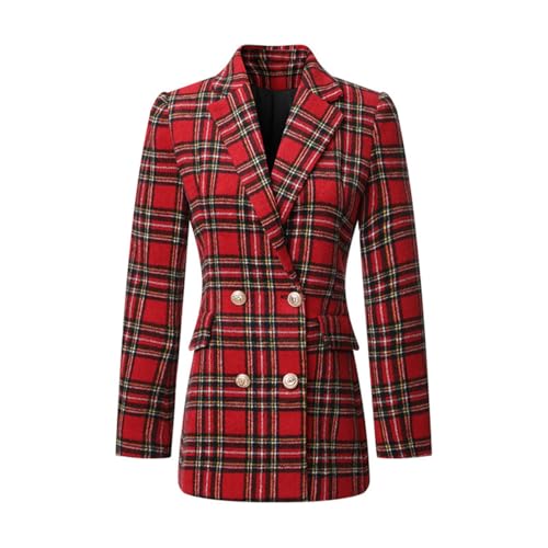 Blazer en tweed écossais manteau costume femme chic à double boutonnage