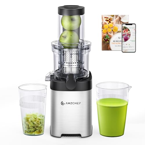 AMZCHEF 3-in-1 Cold Press Juicer, 6.5" Wide Feed Chute Slow Masticating Juicer Extractor for Whole Fruits & Vegetables, High Juice Yield, Quiet Motor, Easy Clean for Plant-Based Diet Silver