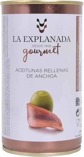 LA EXPLANADA GOURMET | Aceitunas rellenas de anchoa 350 g. formato lata [PACK DE 15 UNIDADES] - Aceitunas Cazorla- Peso neto escurrido 150g