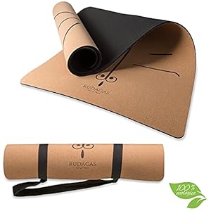 RUDACAS Kork Yogamatte, Antirutschmatte, Sportmatte, Yogamatte, 183 x 66 cm, Stärke 6 mm (breiter und bequemer), mit Stützleinen, Yogamatte, 100% recycelbares TPE, mit Förderband. Fachmann