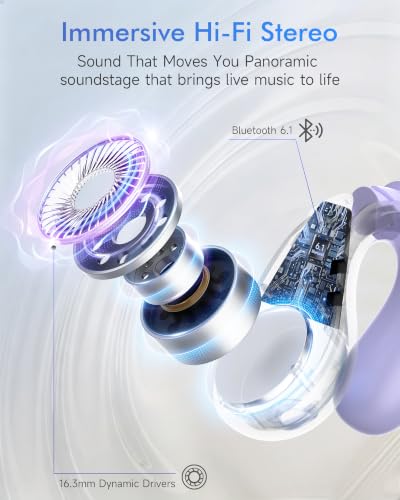 Image of Upgraded Clip-on Ear Earbuds, Bluetooth 6.1 Wireless Open Ear Headphones, Comfortable Fit with Crystal Clear Sound, 50-Hour Battery Life, Open-Ear Wireless Headphones for Gym & Outdoor Sports,Purple