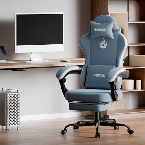 Image of Gaming Chair with Massage,Ergonomic PC Gaming Chair Computer Chairs with Footrest Comfortable Headrest and Lumbar Support, High Back BLUENWHITE