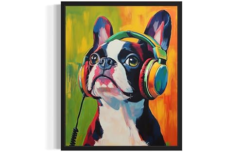 Image of Boston Terrier Music Headphone Black Framed Wall Art Print Poster, Dog Pet Lover Picture Painting Artwork Bedroom Living Room Office Dining Room 150D (Boston Terrier Music Headphone, 10 inchL x 8 inchW, Black Frame)