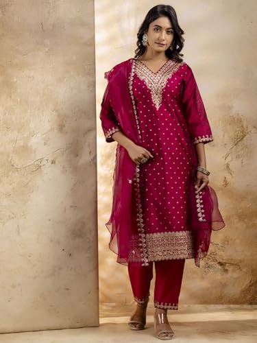 Image of VredeVogel Women's Chanderi Silk Embroidered Kurta with Pant & Organza Dupatta Set | Casual Outfit Ethnic Kurta Set for Women | Modern & Traditional Blend Ethnic Wear