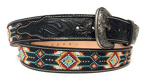 Generic 1 3/4"" Wide Genuine Leather Beaded Western Style Belt, Cowboy Cowgirl Rodeo Beaded Western Belt4