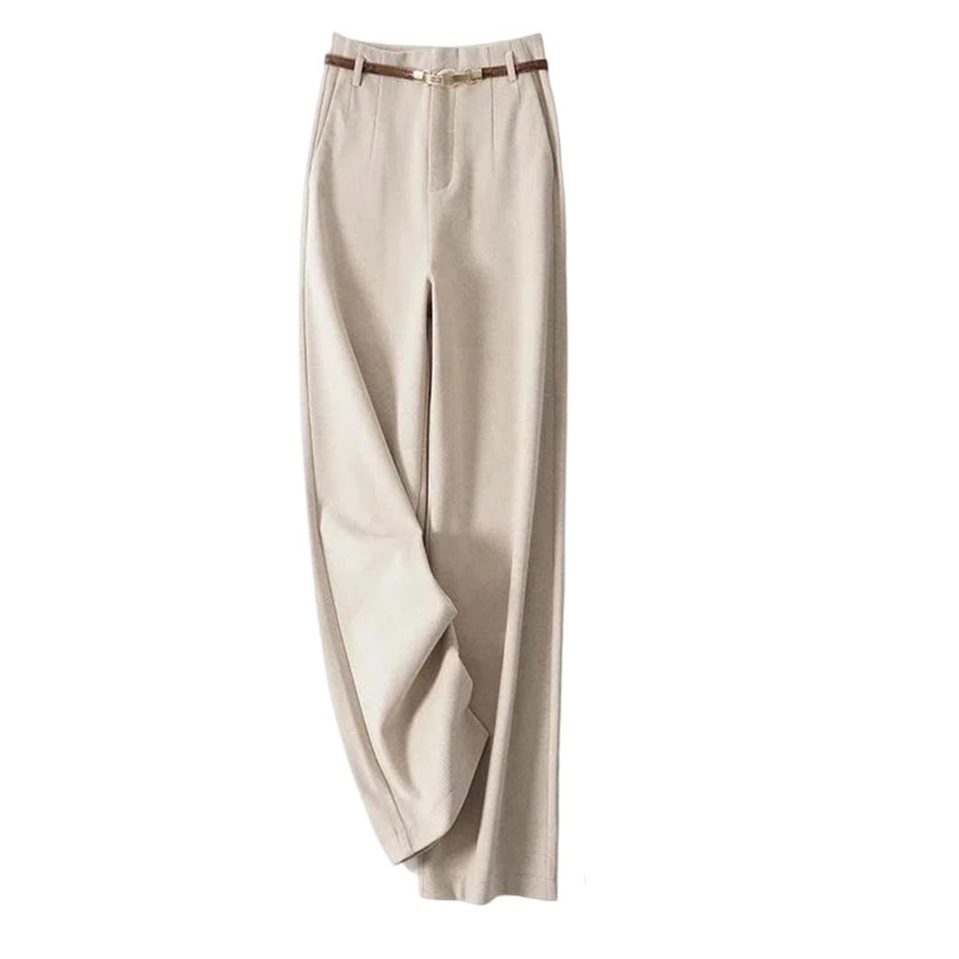 Womens Solid High-Waisted Wool Loose-Fitting Office Straight-Leg Wide-Leg Long Pants