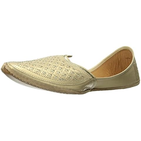 Step n Style Men's Flat Golden Bridal Khussa Shoes Traditional Indian Leather Loafer Punjabi Jutti Gold Size Cover