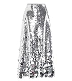 Womens High Wiast Slimming Patchwork Sequined A Line Skirt Fashion Sexy Club Paty Long Skirts Sliver