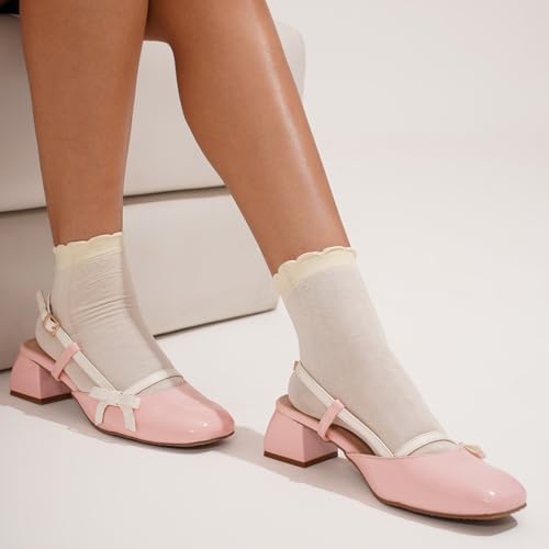 Image of JM LOOKS Women's Glossy Buckle Strap Mary Jane Block Heel with Bow Detail