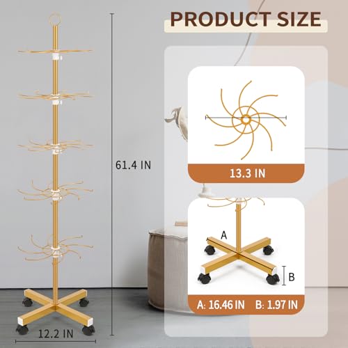 Image of Flenpptly Retail Display Stand, 5-Tier Rotating Display Rack for Store Display, Movable and Adjustable Spinning Display Stand for Earrings, Jewelry, Keychains, Socks Display (Gold)