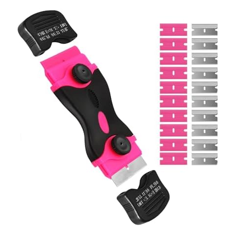 Razor Blade Scraper, 2-in-1 Scraper Tool with 10Pcs Plastic Blades &10Pcs Metal Blades, Multi-Purpose Cleaning Razor Scraper for Glass, Decals, Stickers, Labels, Caulk, Adhesive, Paint Removal(Pink) Cover