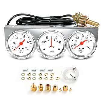 2" 52mm 3-in-1 Triple Gauge Set, 0-100 PSI Oil Pressure, -60-60 AMP Ammeter Gauge, 100-280°F Water Temp Gauge, Auto Triple Gauge Kit for Car, Truck & Pickup (Chrome)