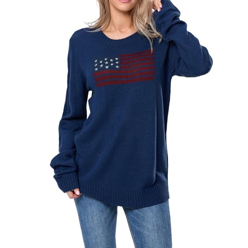 Image of Womens American Flag Sweater Long Sleeve Crew Neck Star Graphic Knit Pullover Tops Casual Loose USA Sweater