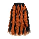 Girstunm Layered Mesh Skirt for Women Midi Length High Waisted A-line Skirts Fairy Halloween Costume Black Orange Medium