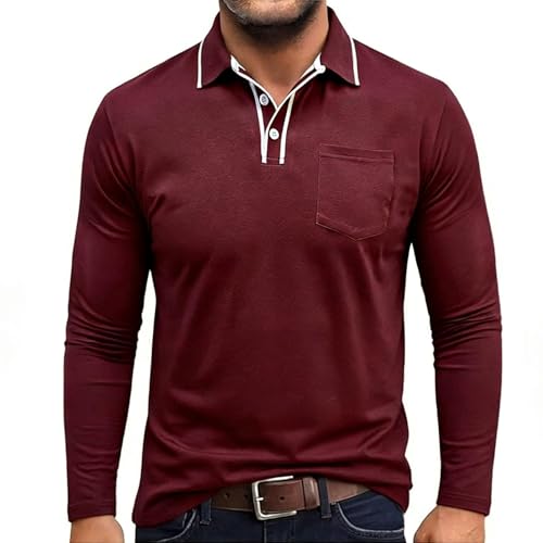Volemo Mens Polo Shirts Long Sleeve Colour Block Polos Cotton T Shirt Golf Tops with Pocket Regular Fit Red XL